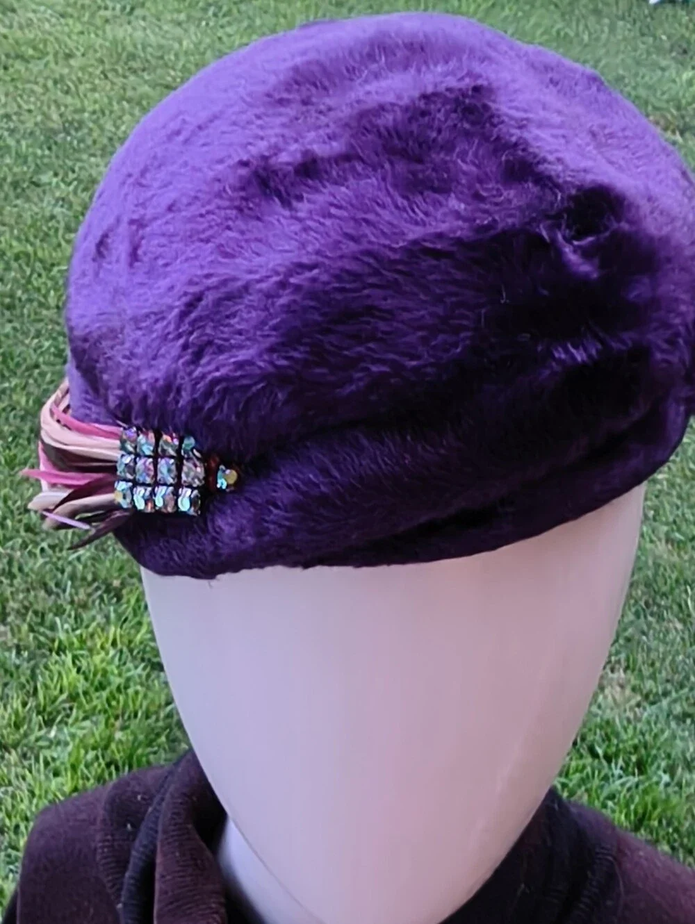 Purple Plush Hat Feathers and Jewels By Clare, Duchess Made In Italy